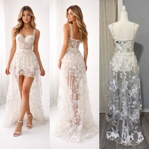 Blithe LA Ivory‎ Floral Embroidered Sheer High-Low Corset Gown Size M Wedding